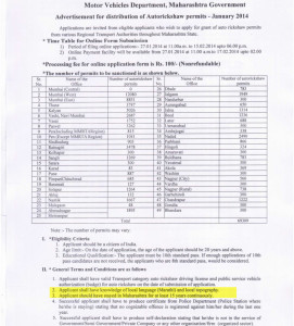Advertisement for distribution of Auto rickshaw permits 
