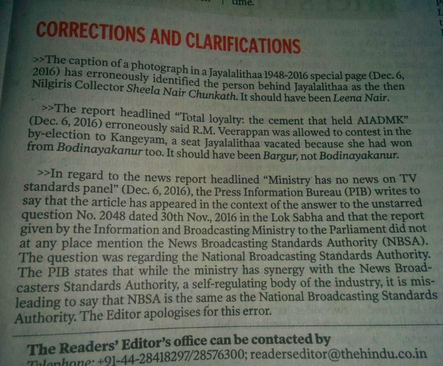 Apology published by The Hindu