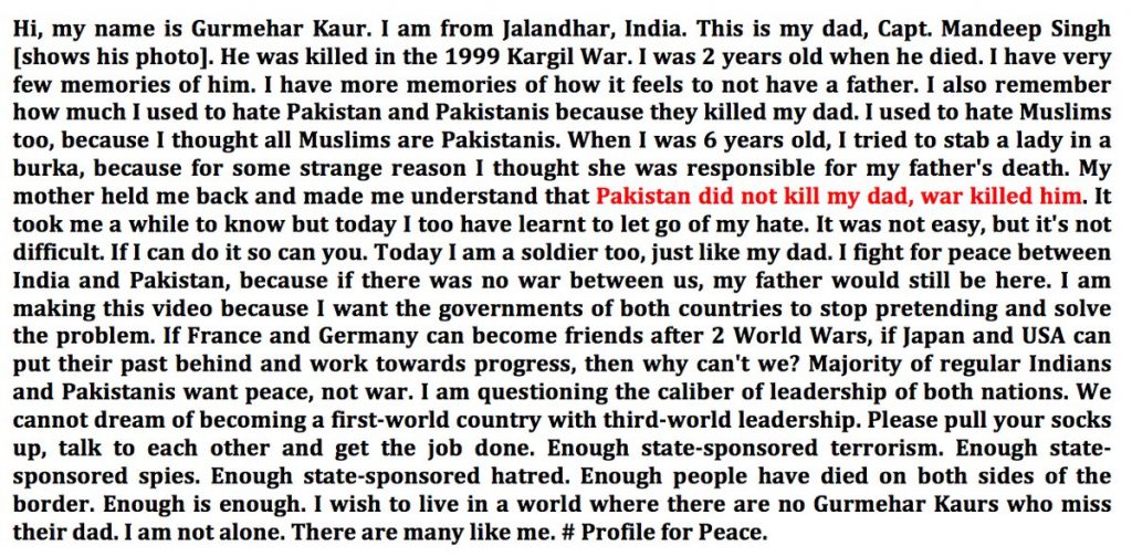 Gurmehar Kaur's video message