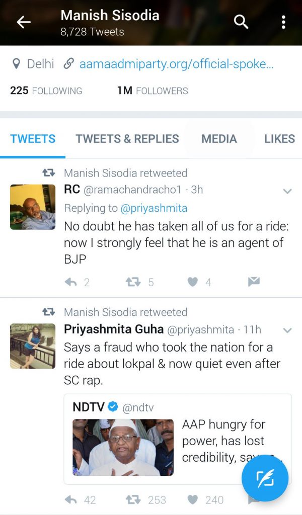Sisodia attacks Anna Screenshot of anti-Anna tweets