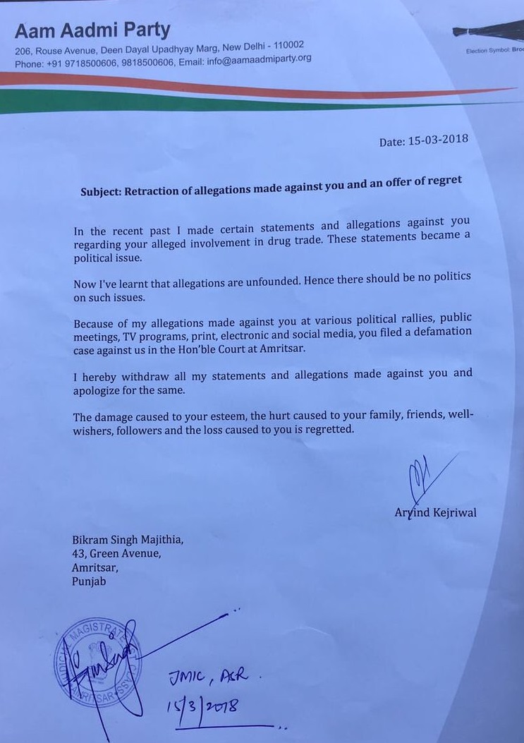 Read Arvind Kejriwal's profuse apology to Akali leader for wrongfully defaming him