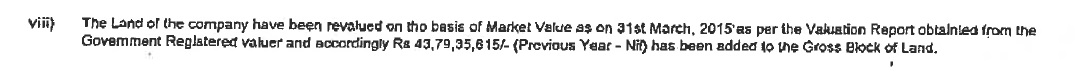 The land of the company have been revalued on the basis of Market Value as on 31st March 2015 as per the Valuation Report obtained from the Government Register valuer and accordingly Rs. 43,79,35,615/- (Previous Year - Nil) has been added to the Gross Block of Land.