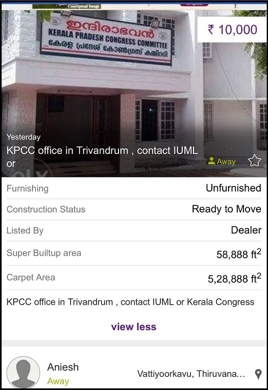 Congress's Kerala office listed for sale on OLX amidst reports of mass rebellion over a Rajya Sabha seat
