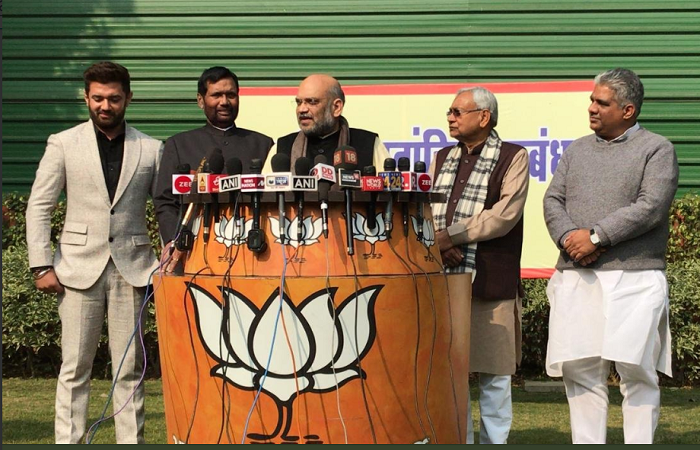 BJP President Amit Shah announces the NDA alliance in Bihar: 17 seats each for JD(U) and BJP, 6 for LJP