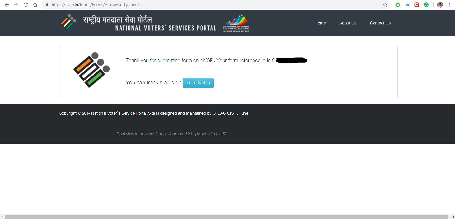 Acknowledgement of successful submission of online voter registration form