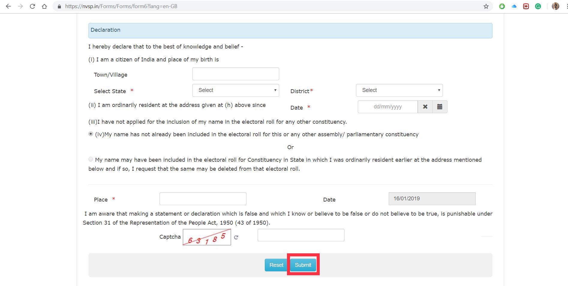 Click the Submit button after voter registration form is filled up