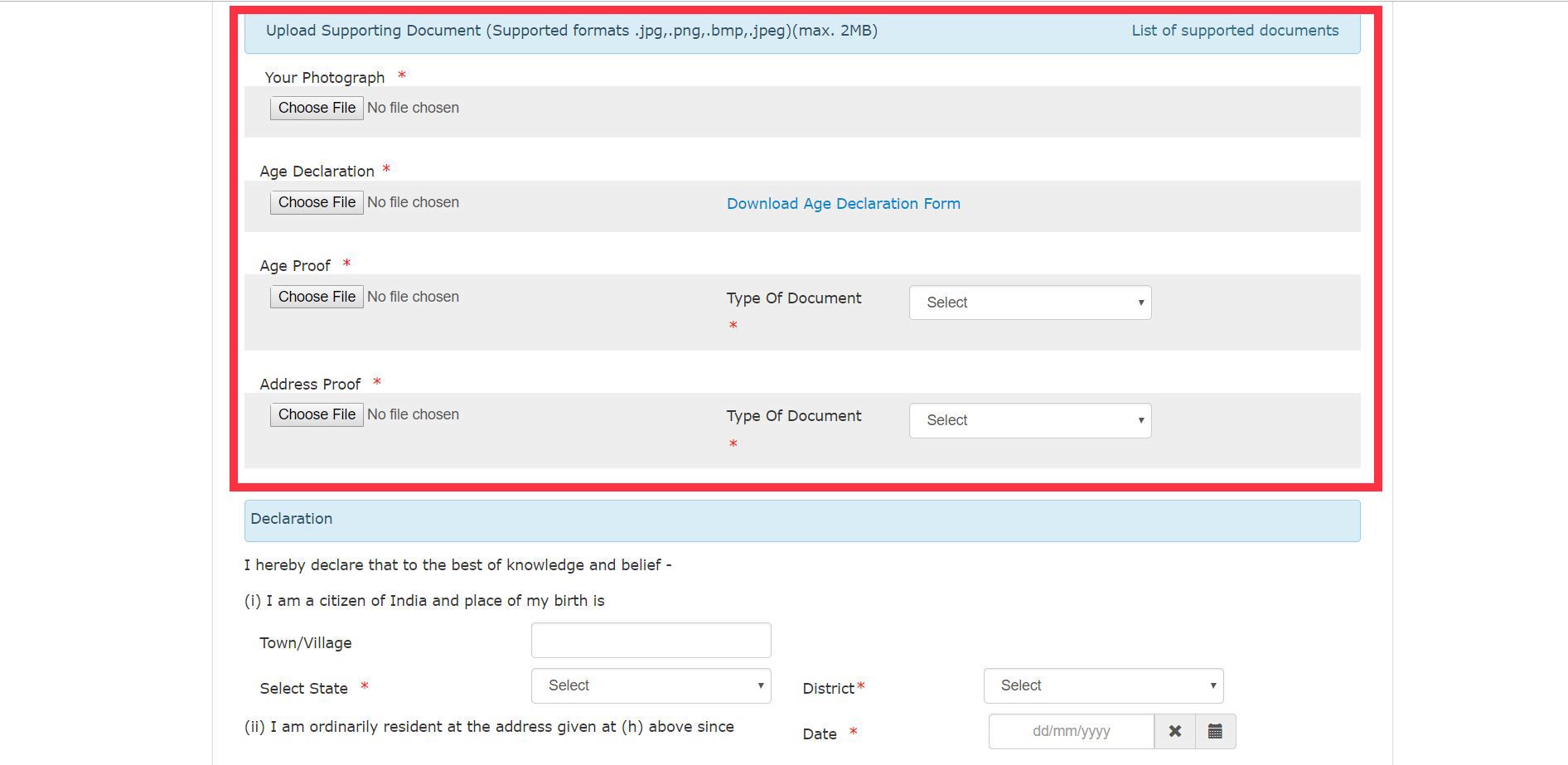 Document upload section in voter registration form on NVSP portal