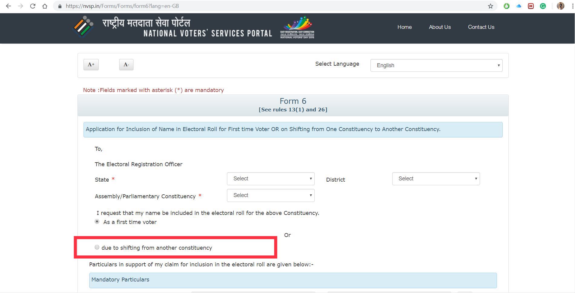 Option to shift voting constituency on NVSP portal