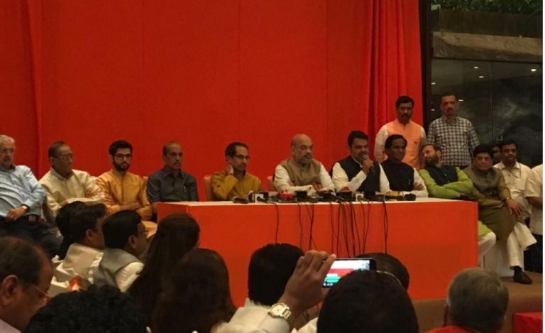BJP and Shiv Sena to contest Lok Sabha and Maharashtra Assembly elections together, announce seat-sharing formula