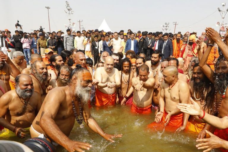 Watch: BJP President Amit Shah and UP CM Yogi Adityanath take the holy dip at Kumbh