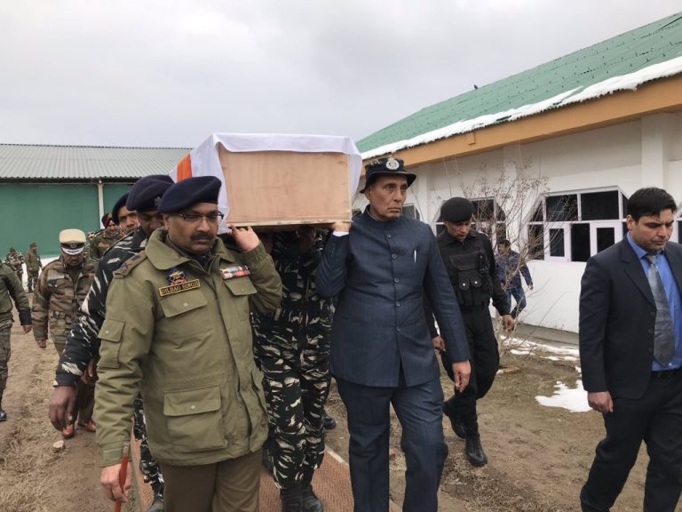 HM Rajnath Singh lends a shoulder to mortal remains of soldiers martyred in Pulwama attack