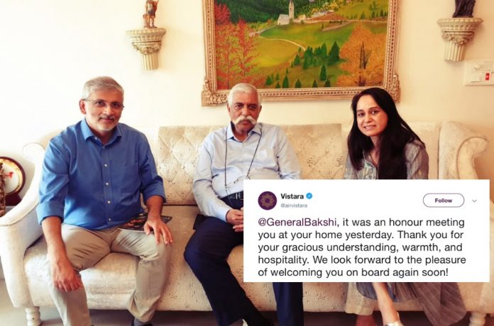 'We look forward to the pleasure of welcoming you on board again soon': Vistara posts picture with Gen GD Bakshi again after liberal bullying got them to delete their first tweet