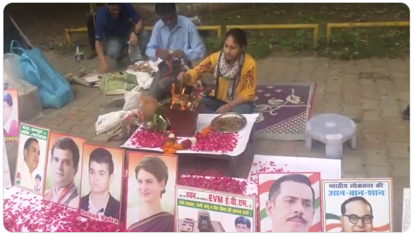 Puja outside Rahul Gandhi’s residence for a favourable result, pictures of BR Ambedkar and EVM seen