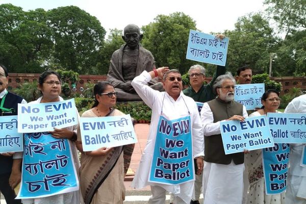 TMC MPs stage protest at the Parliament against EVMs, demand paper ballots in future elections