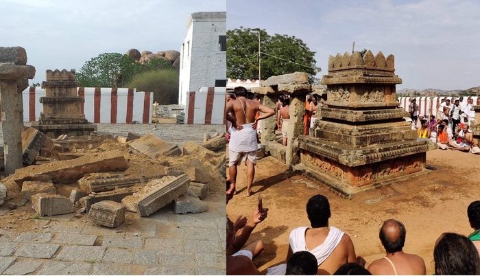 Devotees and volunteers reconstruct the destroyed Brindavana of Vyasaraja Swami in less than two days