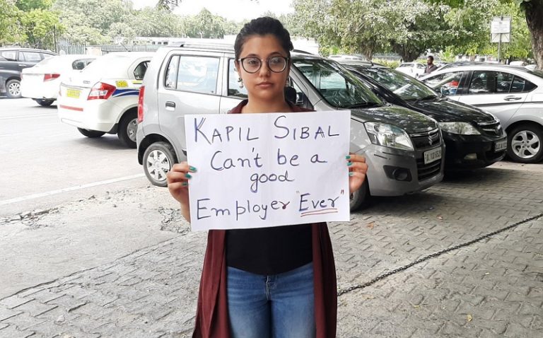 Fired employees of Tiranga TV stage protest outside Kapil Sibal’s house, demand six months salary as compensation