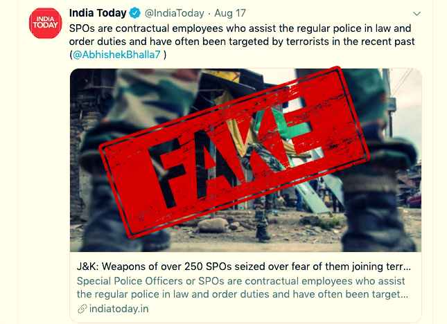 J&K administration rubbishes India Today report that SPOs in Kashmir maybe involved with terrorists and their weapons have been seized