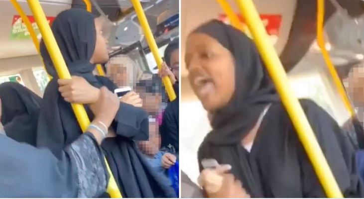 Go back to Southall slum: Hijabi woman goes on a racist rant at an Indian co-passenger in a over-crowded London bound bus