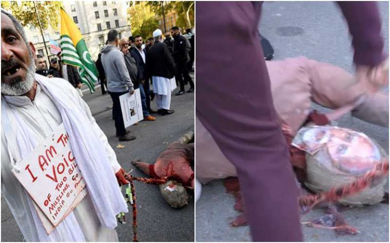 London: Pakistan supported Muslim mob displays its hatred on Diwali, drags and stomps on the head of Modi effigy