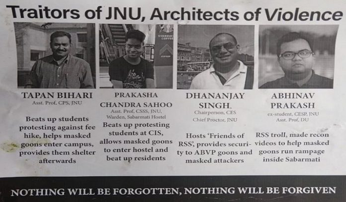 Traitors of JNU, Architects of Violence, Nothing will be forgotten: Naxal-style poster seeking revenge on non-left professors and alumni put up inside JNU