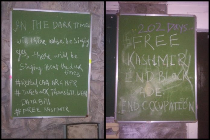 Messages with 'Free Kashmir', 'End Occupation' and demanding revocation of CAA, NRC, NPR scrawled on blackboards in TISS