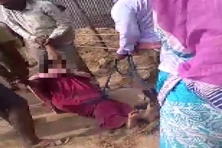 TMC goons, including party leader tie woman and thrash her for protesting against forceful takeover of land for road construction in Bengal