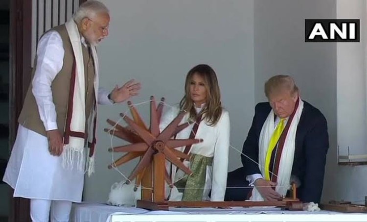 Watch: US President Donald Trump and First Lady Melania Trump spin the Charkha at Sabarmati Ashram