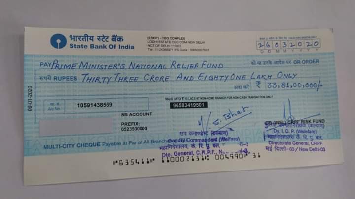 CRPF personnel unanimously contributes one day salary totalling 33.18 crore to Prime Minister’s Relief Fund to fight Covid-19
