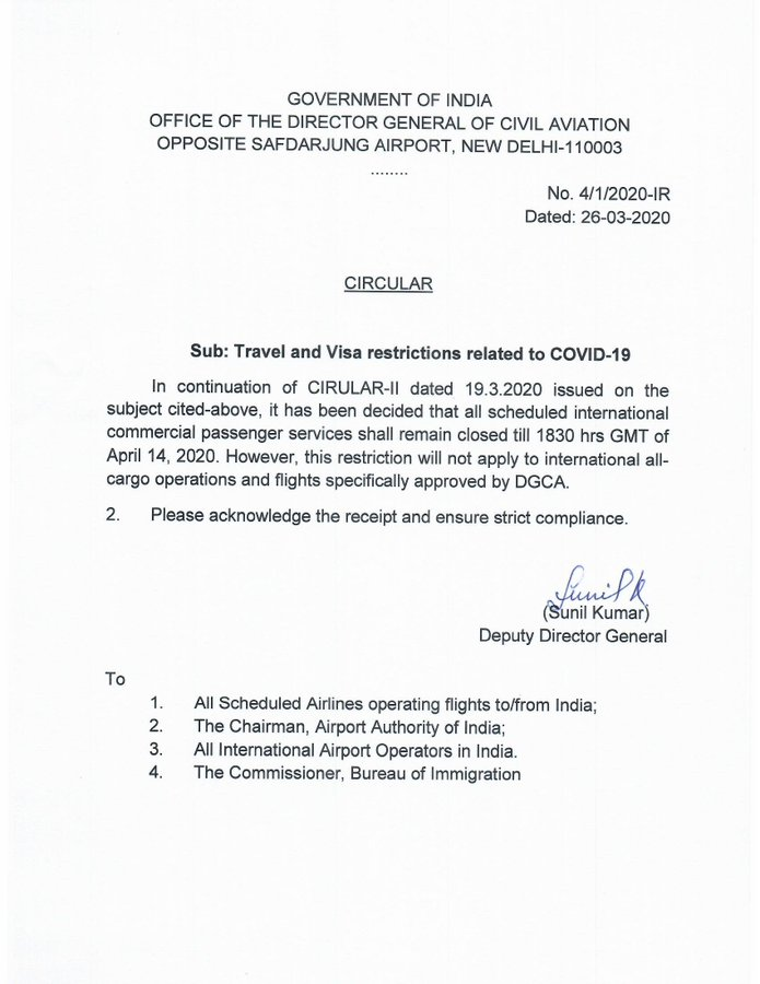 Order issued by the Government of India extending order to stop International flights to control Coronavirus spread