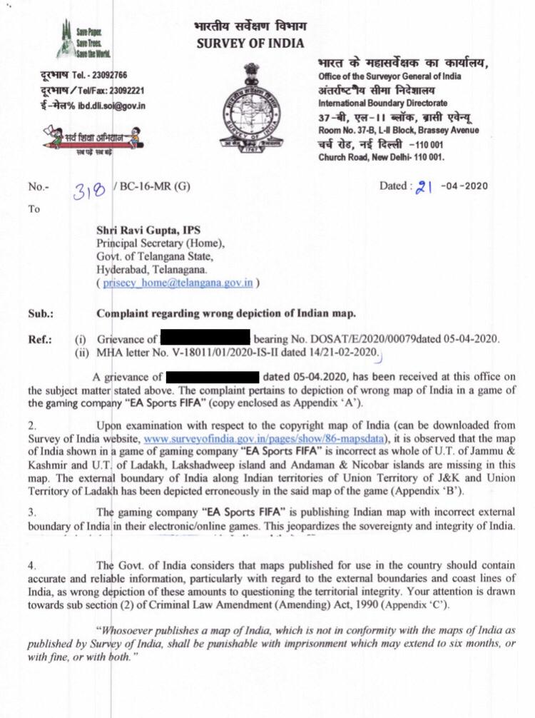 Instruction by Survey of India to Telangana to take action against EA Sports FIFA