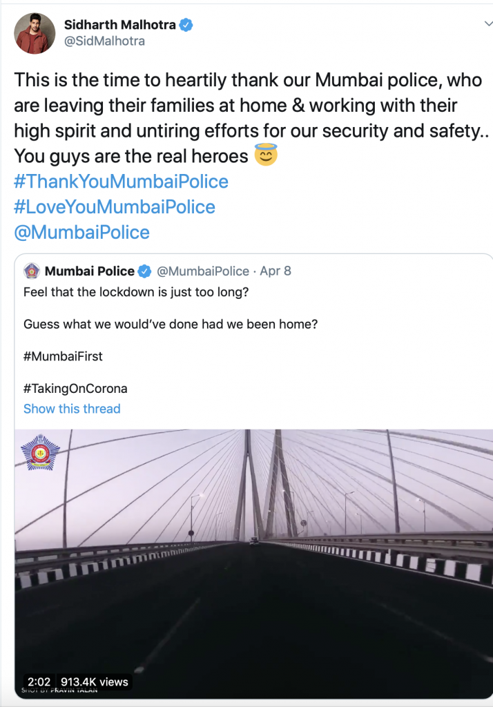 Tweet by Siddharth Malhotra which might be a part of PR campaign by Mumbai Police 