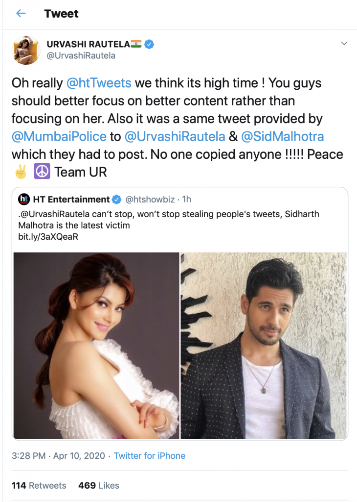 Tweet by Urvashi Rautela that revealed the PR campaign by Mumbai Police