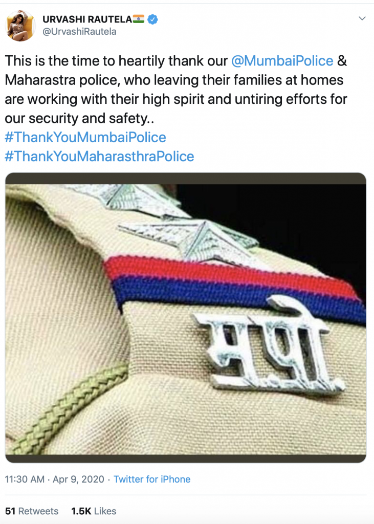 Tweet by Urvashi Rautela which might be a part of PR campaign by Mumbai Police