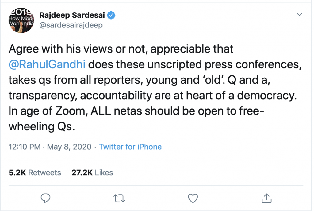 Tweet by Rajdeep Sardesai on press interaction by Rahul Gandhi