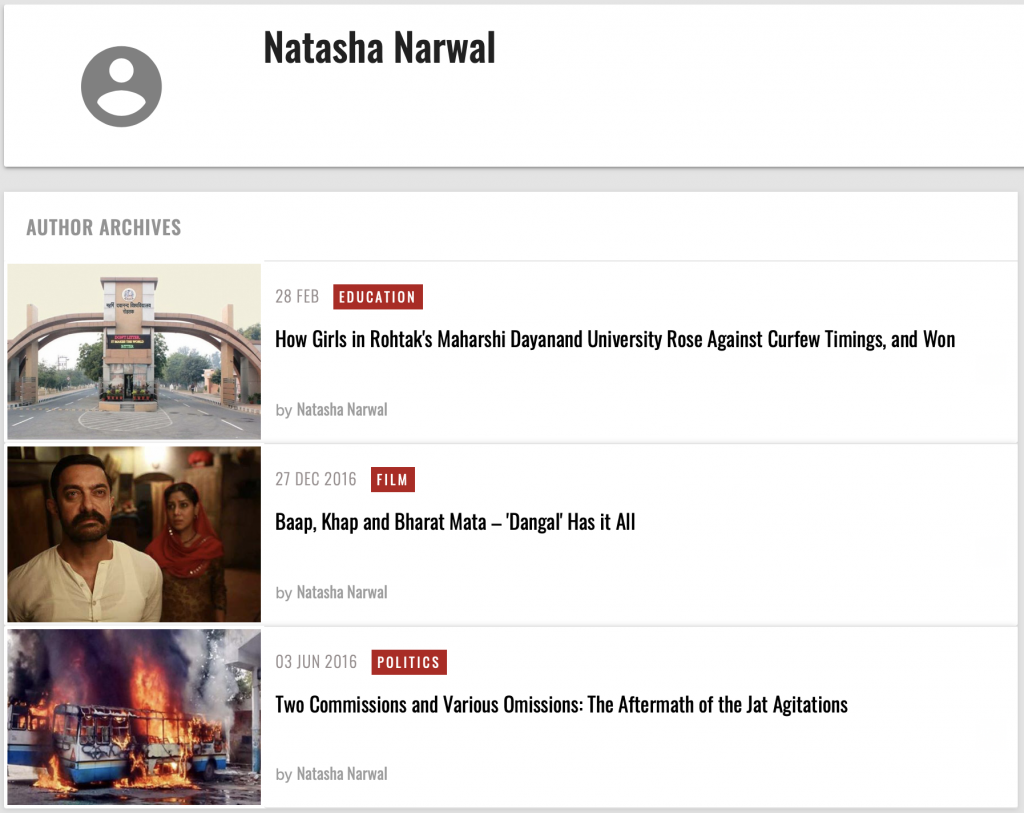 Articles written by Pinjra Tod founder Natasha Narwal for The Wire 