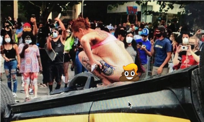 Woman ‘protestor’ poops on an overturned police car in middle of riots in America. Watch the video (or maybe not)