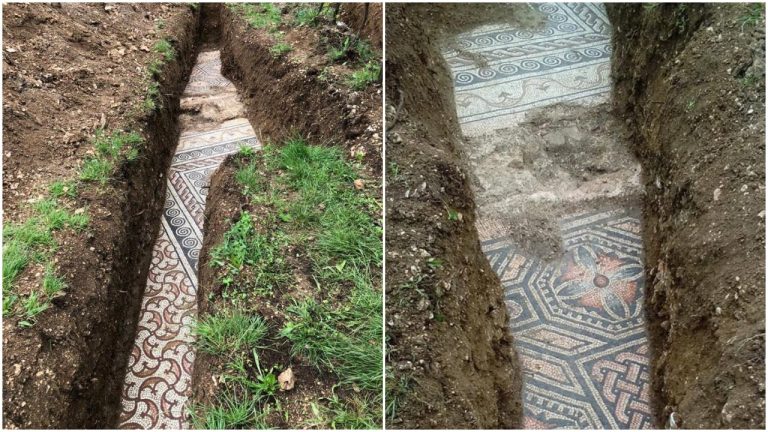 Ancient Roman mosaic of a villa unearthed at a Vineyard in Northern Italy