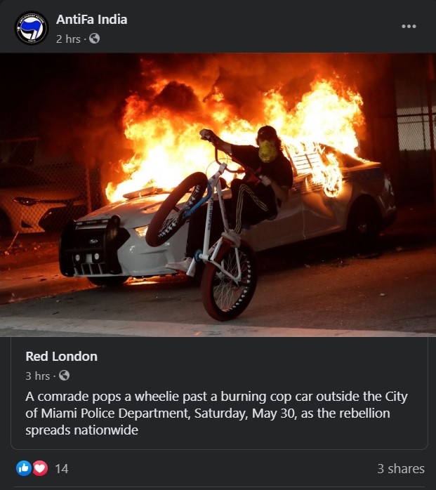 Antifa India believes the riots in the USA are a 'rebellion'.