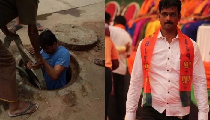 Mangaluru: BJP corporator Manohar Shetty enters a manhole to clean it himself, images go viral