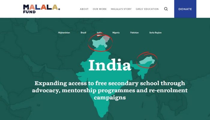 India section on Malala Fund’s website shows a cropped image of Indian map, excludes Kashmir and Arunachal Pradesh from Indian territory