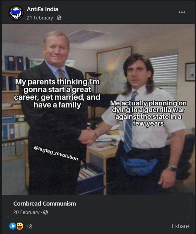 Antifa India shares memes advocating guerrilla warfare against the state