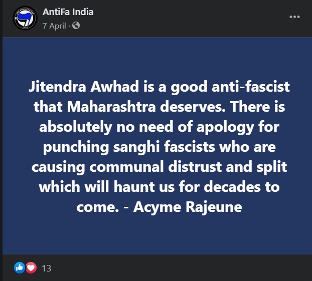 Antifa India calls NCP Minister Jitendra Awhad a 'good anti-fascist'