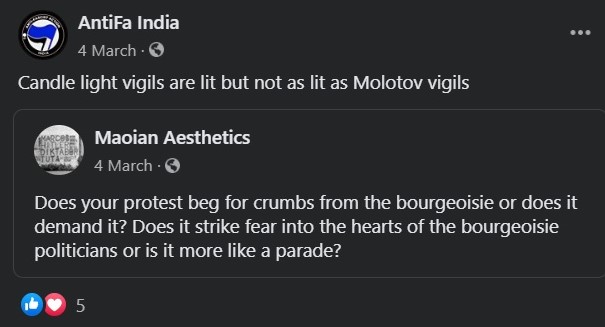 Antifa India advocates the use of molotov cocktails in protests
