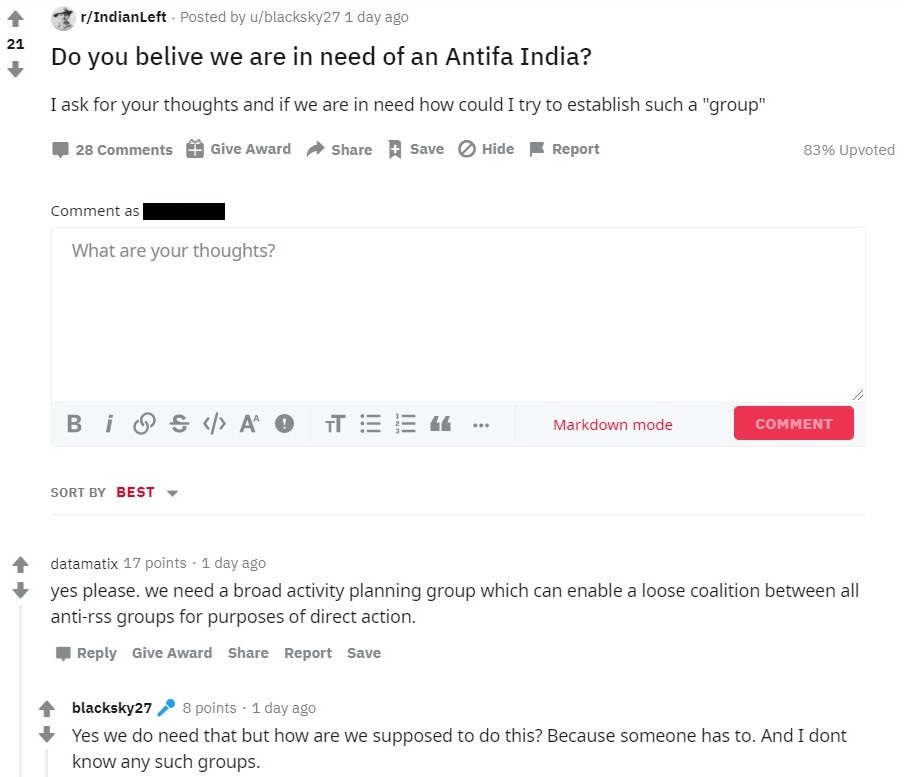 Antifa India is giving calls for 'direct action'.