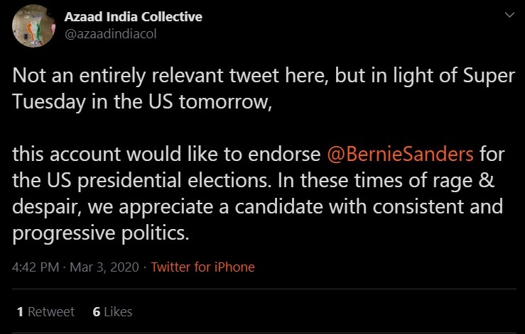 Azaad India Collective endorsed Bernie Sanders for President