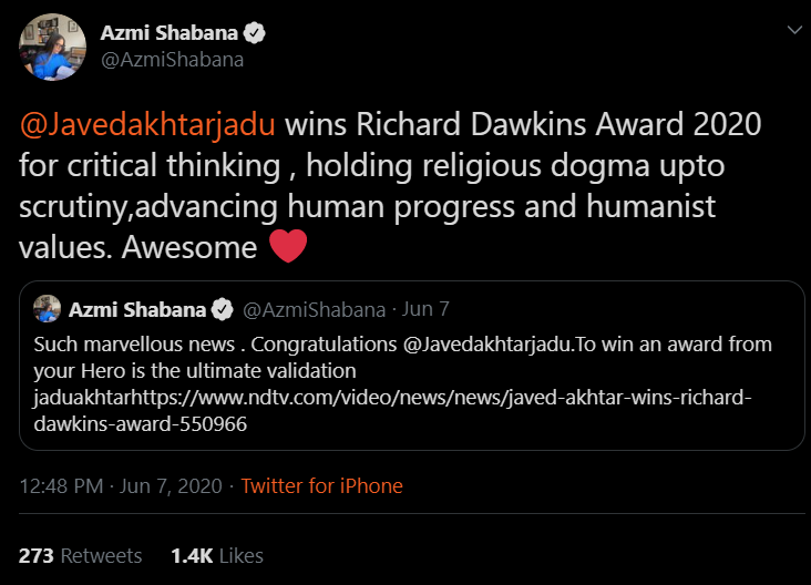 Shabana Azmi congratulated Javed Akhtar on social media for winning the award