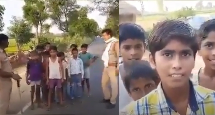 Police stop ten kids running on the road near Aligarh, kids say they are going to fight against China to avenge death of Indian soldiers