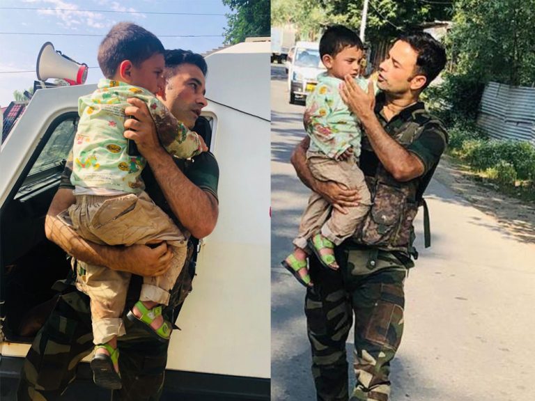 Security forces save a three-year-old child from being killed by terrorists in Kashmir. Watch as cops take him to his mother