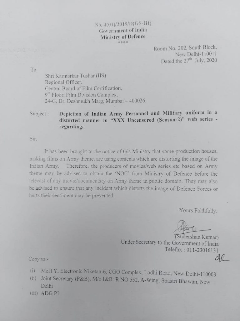 Letter from the Ministry of Defence to the CBFC after complaints were received Army uniform was distorted in XXX Uncensored by Ekta Kapoor