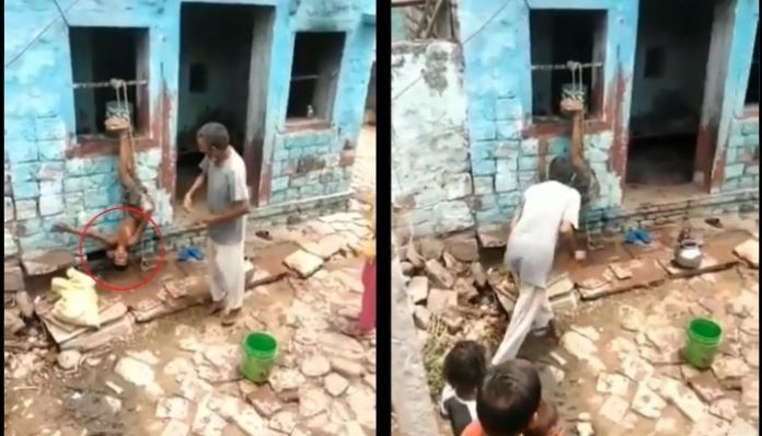 Agra: Drunk man ties son upside down and beats him brutally. Watch